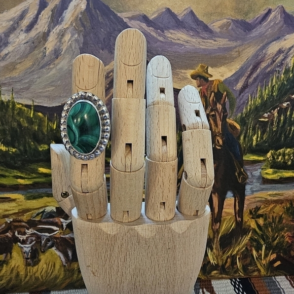 Vintage Sterling Silver Malachite Stone Statement Ring Oval Round - Picture 10 of 10